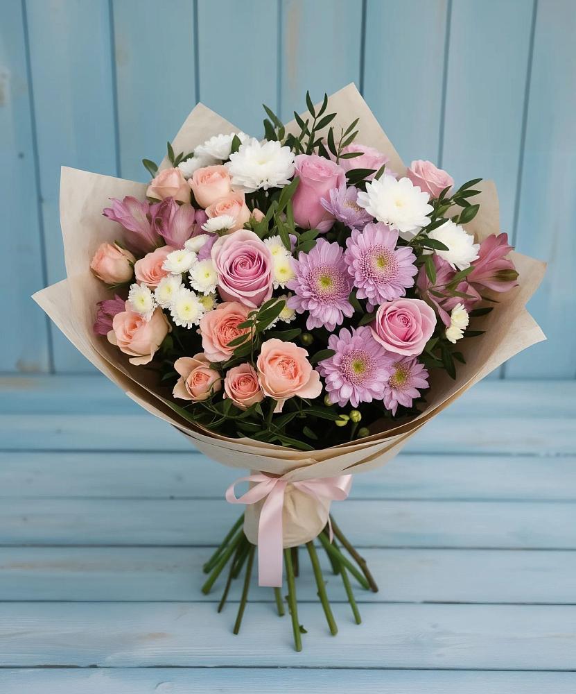 Букет цветов из: Хризантемы, Розы и Альстромерии в Дмитровске