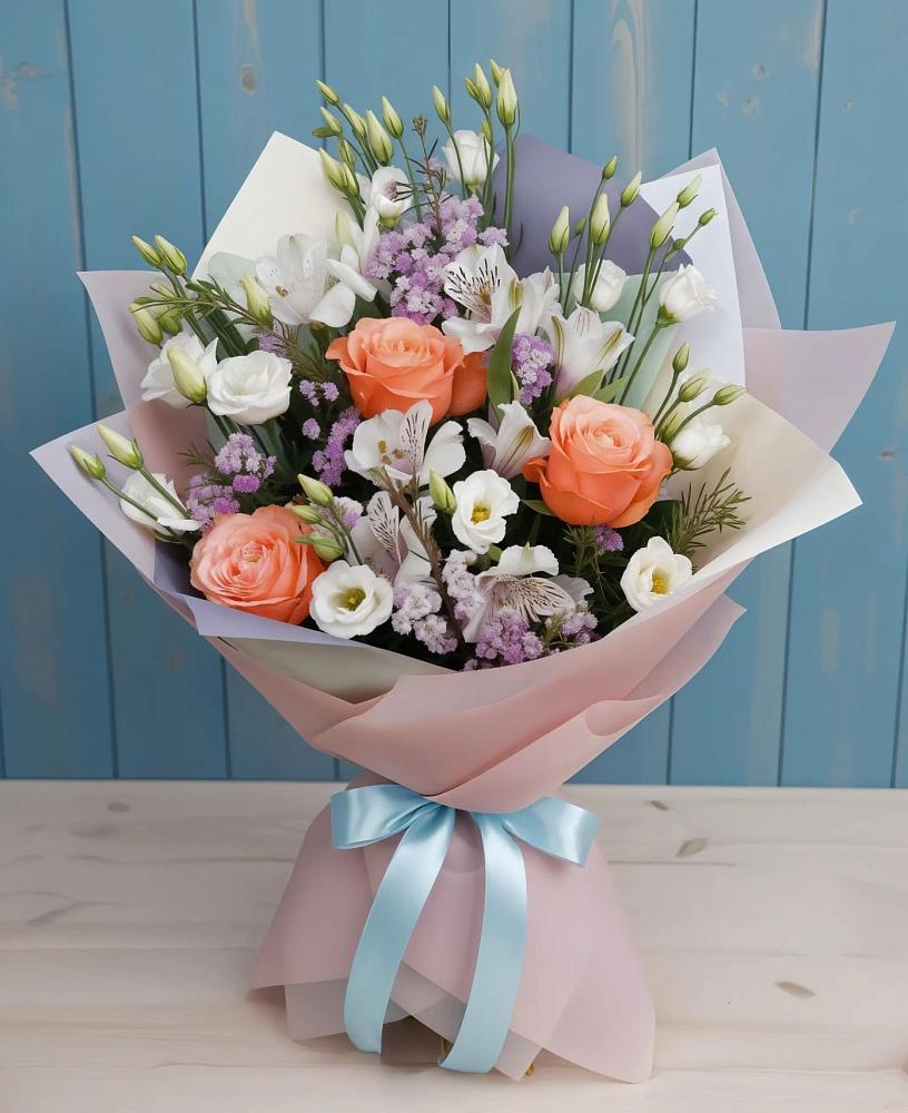 Букет цветов из: Лизиантусы, Розы, Альстромерии и Гипсофила в Дмитровске