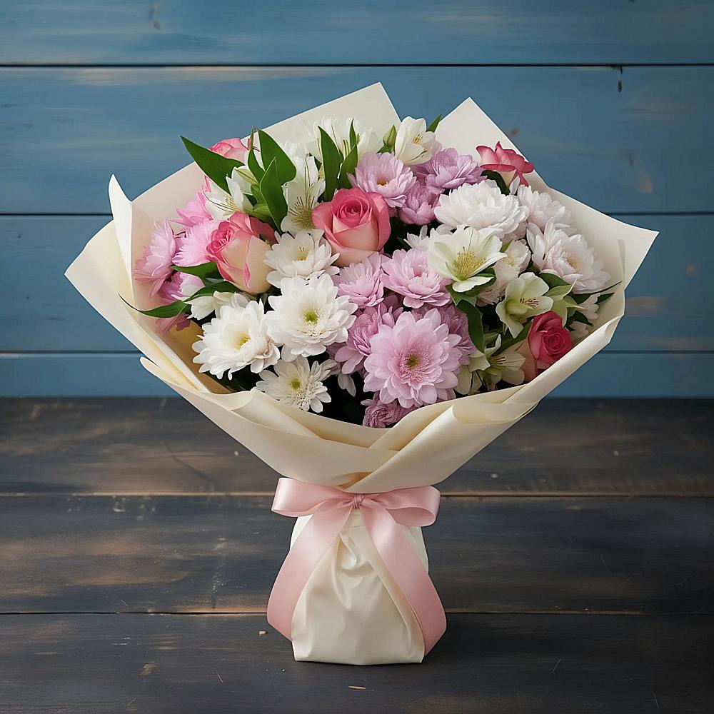 Букет цветов из: Хризантемы, Альстромерии и Розы в Дмитровске